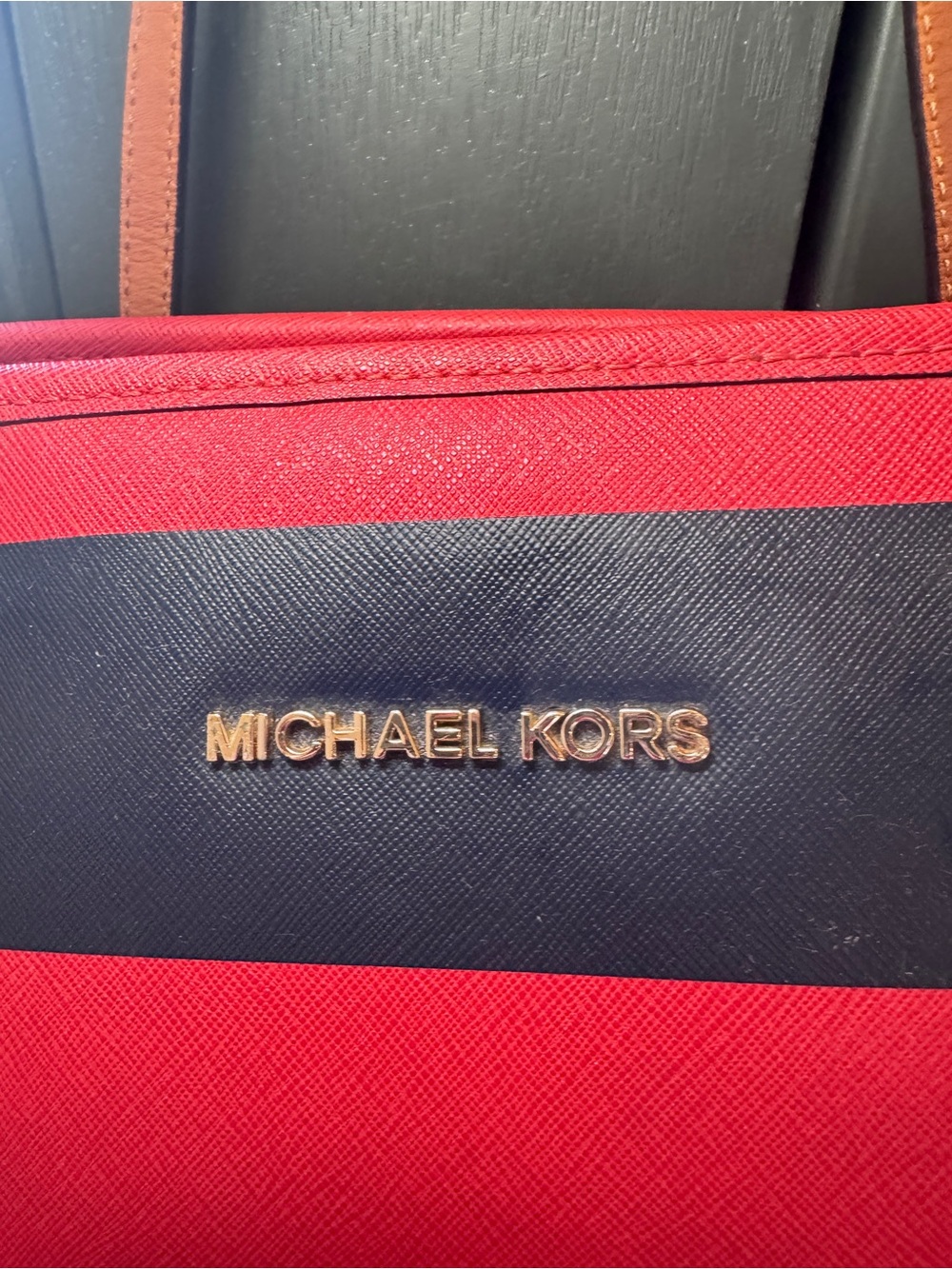 Michael Kors Red and Navy Stripe Tote with Gold Logo